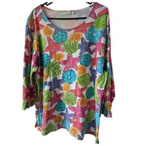Lulu B 2XL Top 3?4 Sleeve Beach Coastal Seashell Sequence Starfish Bright Lilly